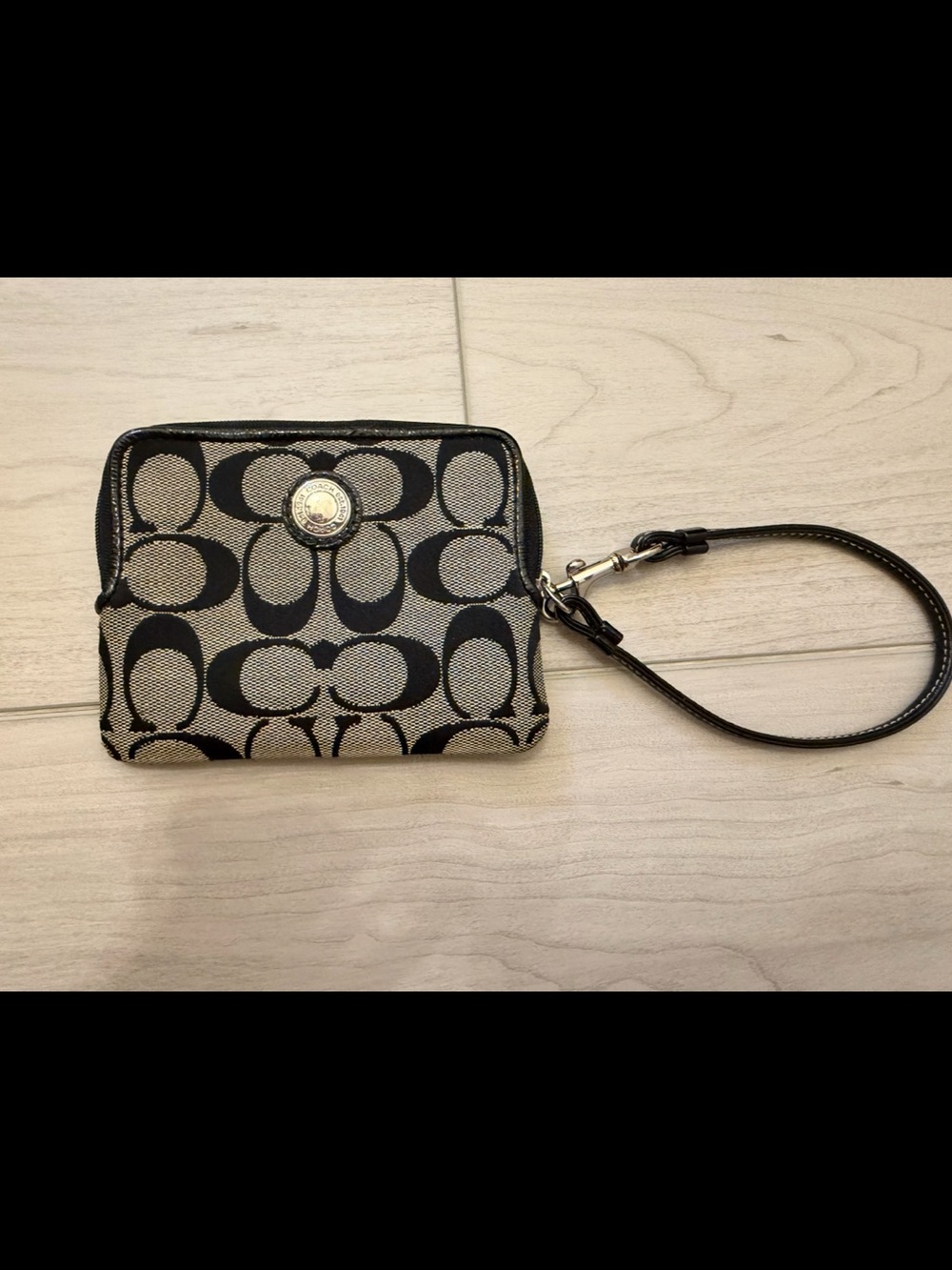 Coach Signature Canvas Wristlet in Black and Cream